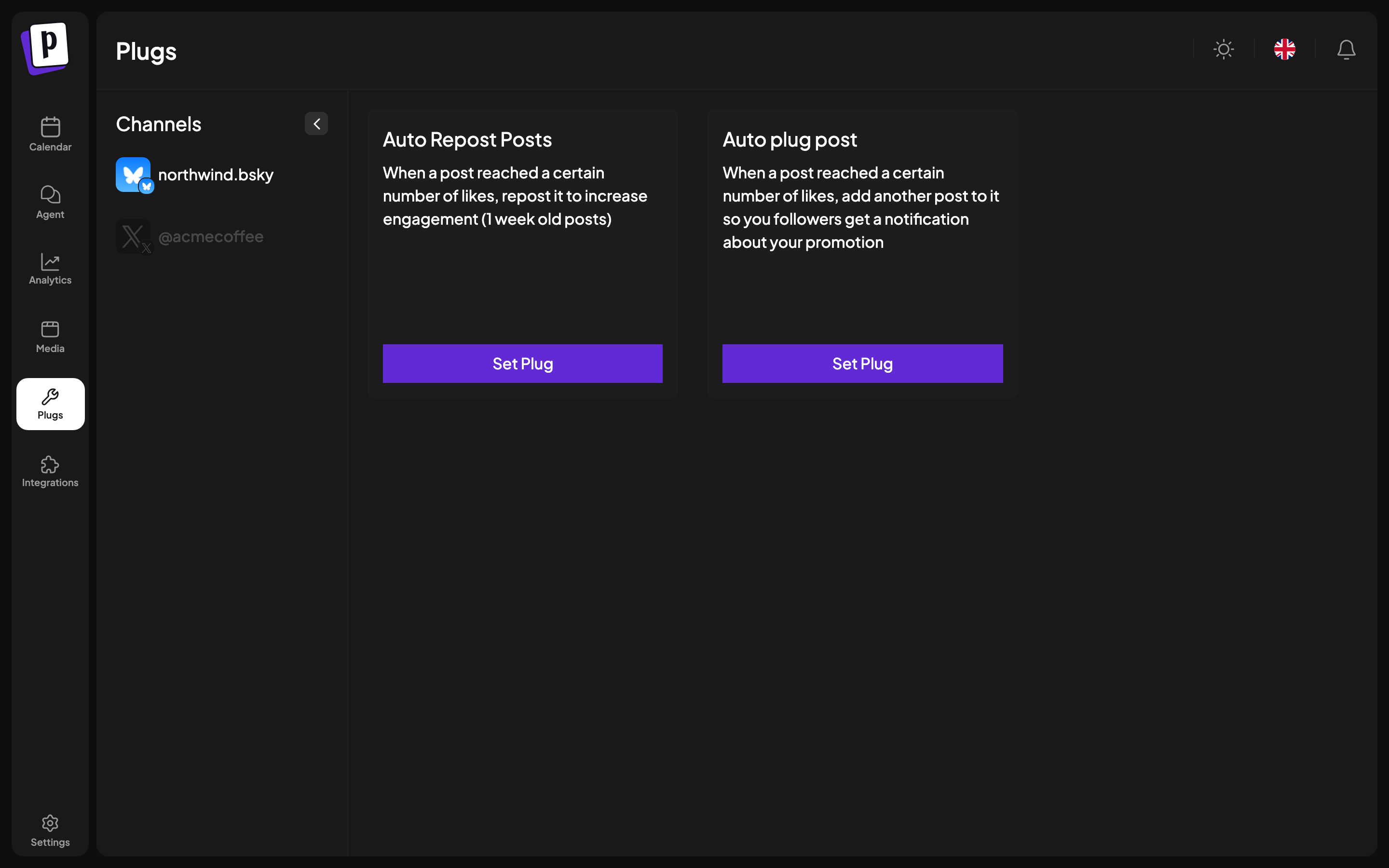 The Plugs page listing channels that support automations