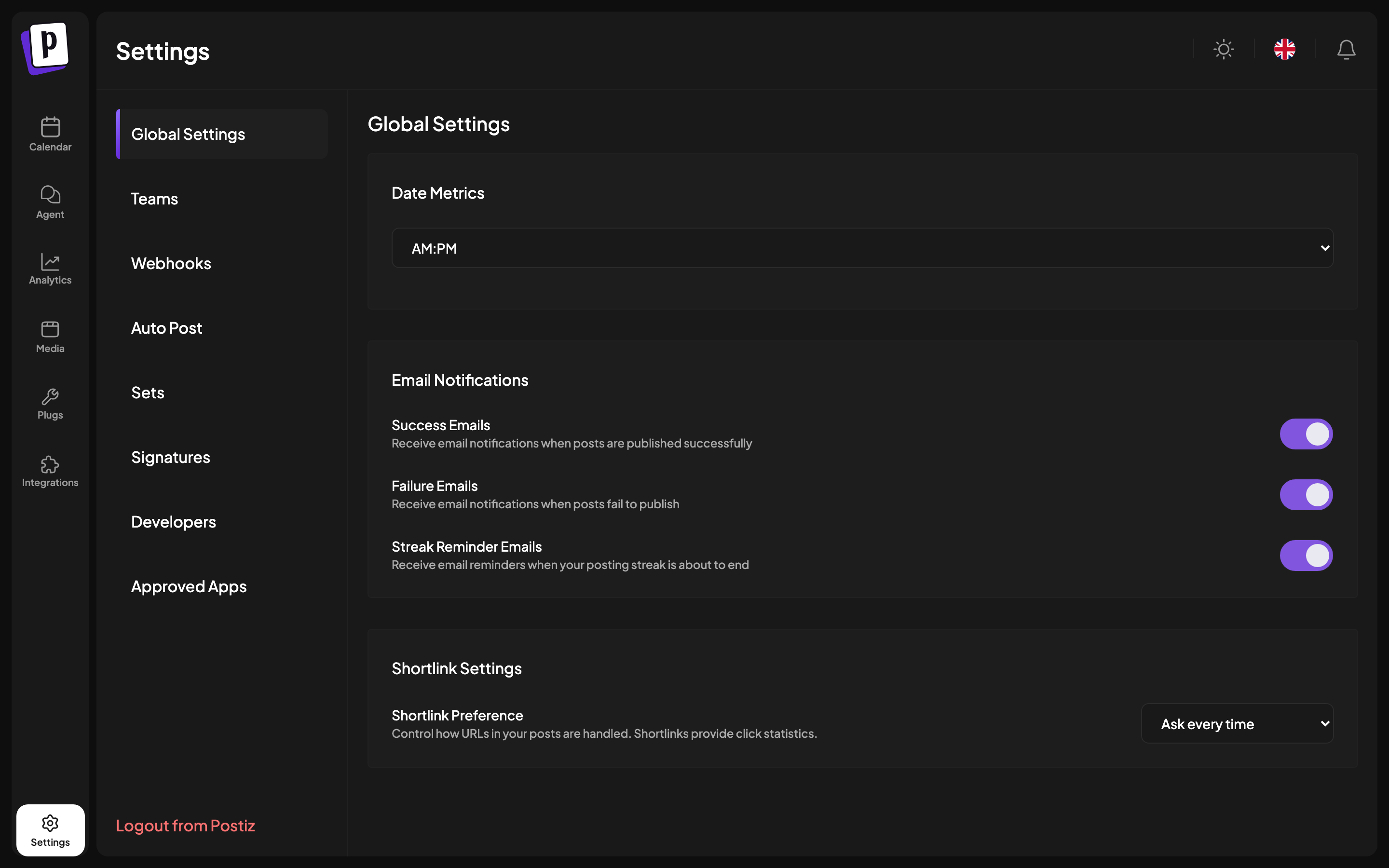 The Postiz settings screen with its tab list